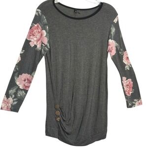CASALEE Soft Knit Top Pink Floral Dolman Sleeve Button Detail Gray Made in USA M